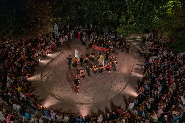 From above at night: the group dances inside a lit circle, with the audience all around