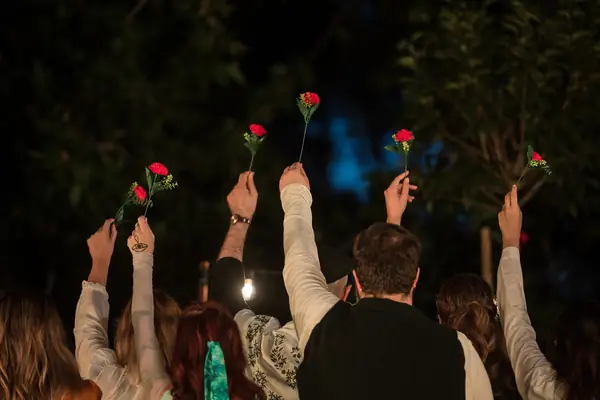 Hands raising red flowers into the air