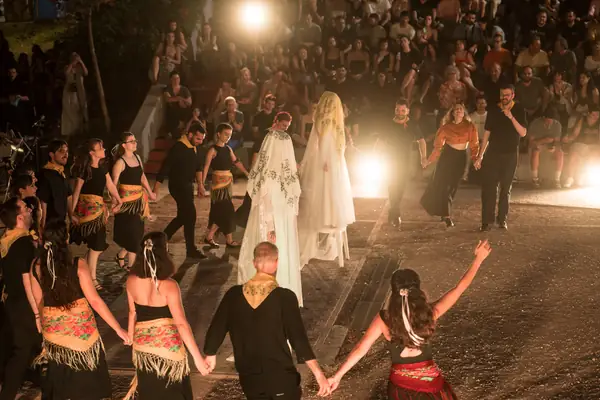 The dance passes through the crowd, with two veiled women in the middle